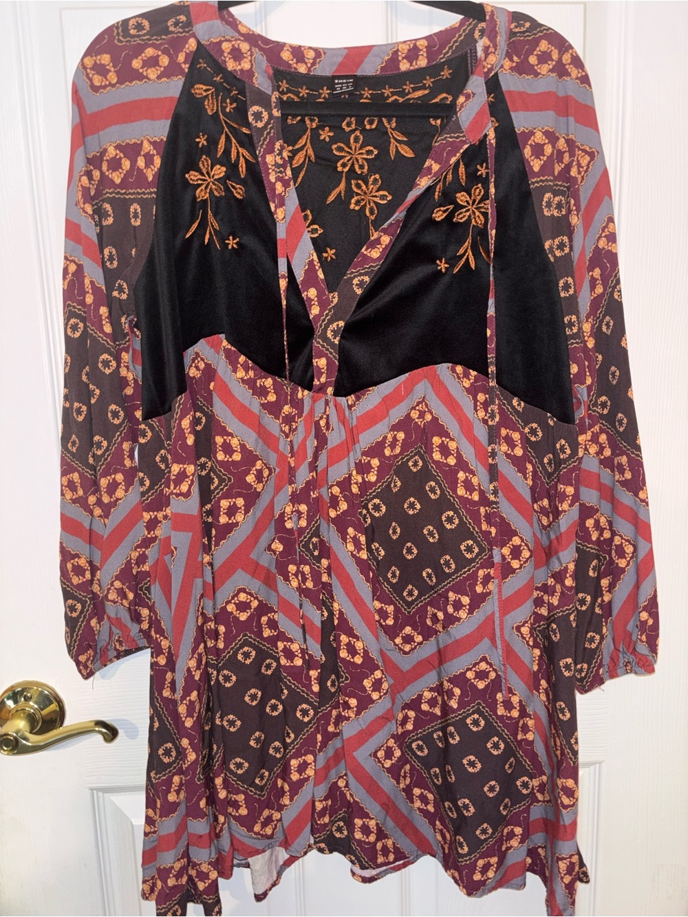 SHEIN Burgundy Black Embroidered Patchwork Tunic Dress